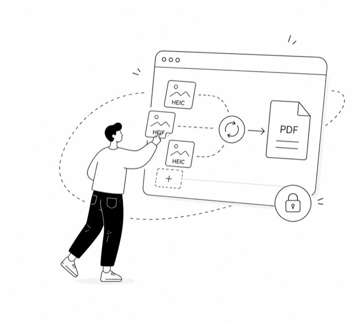 Illustration of HEIC and HEIF files converting into a PDF in a private browser tool